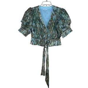 BTFL-Life Sequin Crop Tie Front Shirt Medium Puff Sleeves Fairycore Whimsical